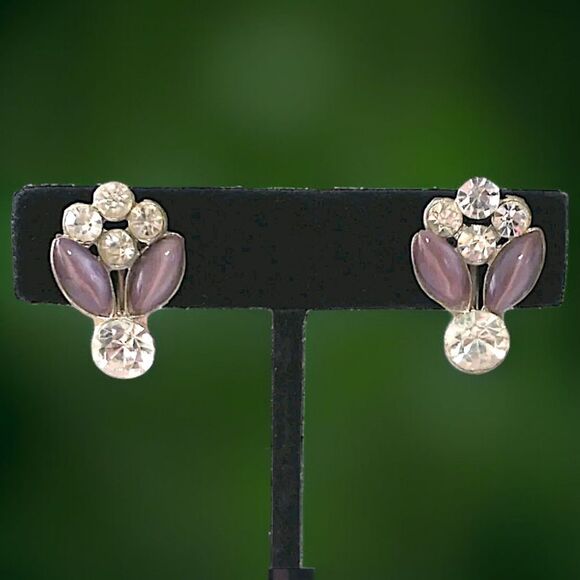 Victorian Rhinestone Earrings Purple Art Deco Lavender Screw Back Silver Tone - Picture 13 of 15